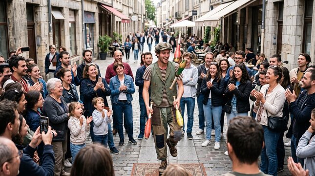 Street Performer's Delight: A jovial street performer captivates a cheering crowd with his juggling act in a lively European town square. The scene is filled with energy, engagement.