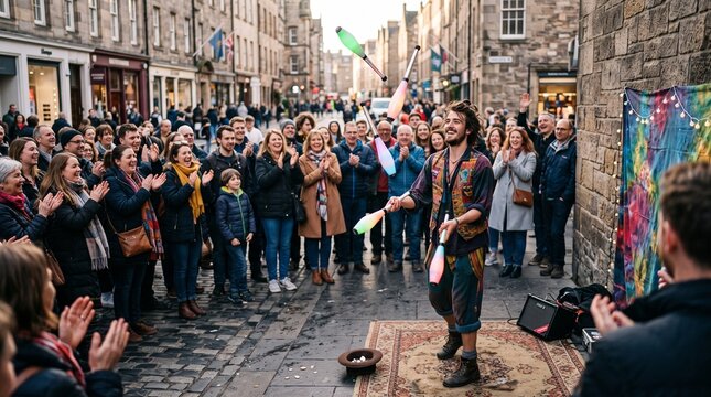 Street Performer's Delight: A lively street scene unfolds as a charismatic juggler captivates a cheering crowd with his skillful performance on a cobblestone street.