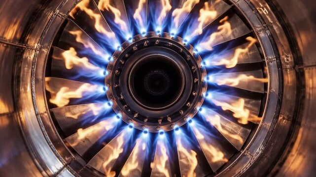 Close-up view of a metal jet engine turbine igniting with intense blue and orange flames. Concept of power thrust, high speed, and aerospace technology.