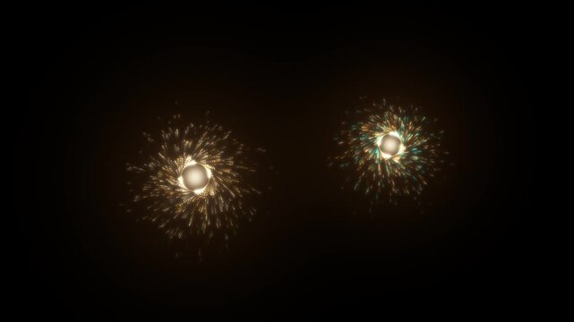 Spinning chakri ground wheel fireworks throwing spiral golden and teal sparks on a black background, firecracker overlay