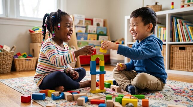 Joyful Builders: A diverse pair of young children, a Black girl and an Asian boy, joyfully collaborate, building a colorful tower with wooden blocks on a soft rug in a bright, stimulating playroom.