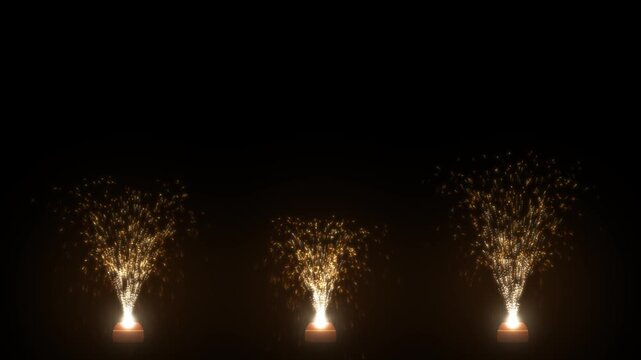 Anar flowerpot firework fountains spraying golden sparks upward from clay pots on a black background, Diwali firecracker