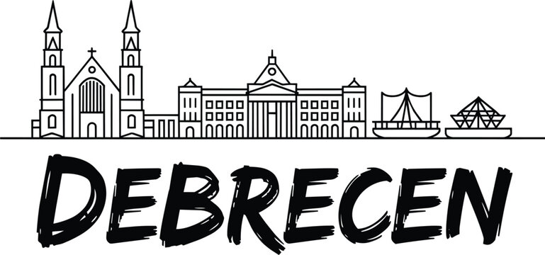 Debrecen skyline vector illustration featuring famous architecture and historical landmarks in clean black line