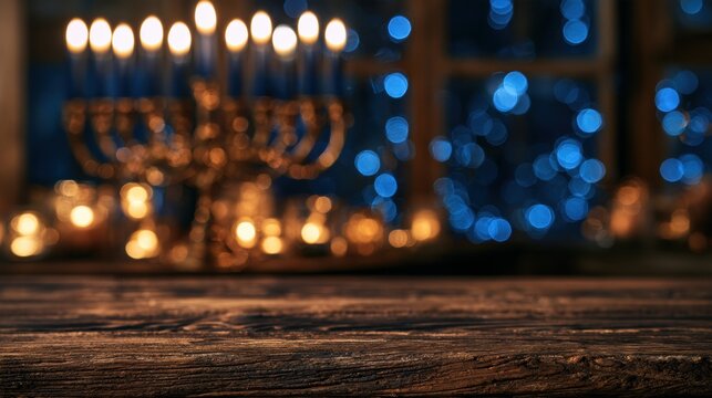 Wooden table surface is empty as a Hanukkah menorah glows in the background along with blue and gold bokeh lights creating a seasonal atmosphere.