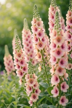 Pink mullein flower spikes bloom in garden. Tall Verbascum stems hold pastel apricot blossoms with deep rose centers. Soft green leaves and blurred garden foliage backdrop.