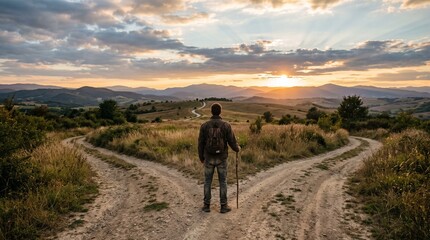 Fototapeta premium Crossroads of Life: A solitary traveler stands at a fork in the road, contemplating the path forward as the sun sets, casting long shadows across the rolling hills.