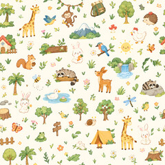 Obraz premium Charming woodland animals nature camping forest pattern featuring cute foxes deer raccoons squirrels hedgehogs bears tents mountains trees mushrooms waterfalls and sweet outdoor adventure wildlife ill