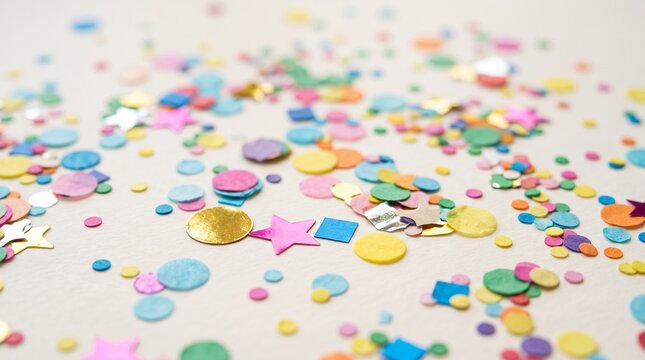 Confetti Celebration: A vibrant scattering of colorful confetti, including stars, circles, and squares, lies on a light-colored surface, creating a festive and celebratory atmosphere.