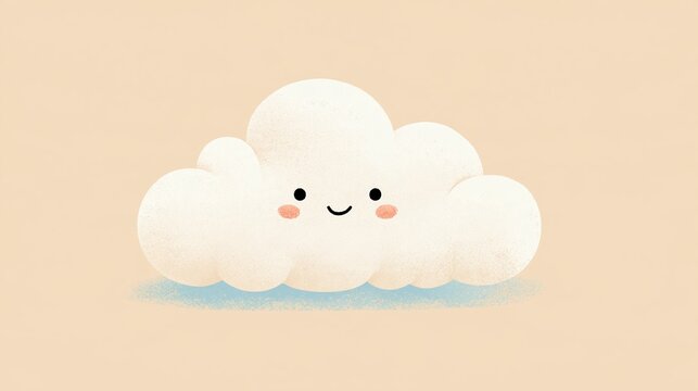 Friendly fluffy white cloud with a smiling face and rosy cheeks on a warm cream background in a Scandinavian style Generative AI