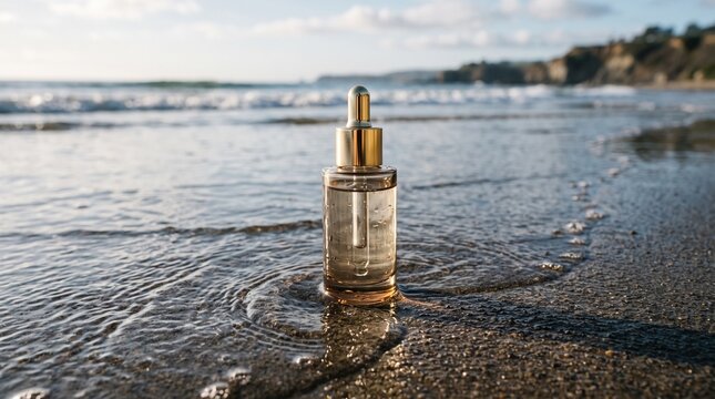 Oceanic Elixir: A sleek glass bottle with a golden dropper cap rests on a wet sandy beach, gently touched by the receding ocean waves, hinting at luxury and natural purity.