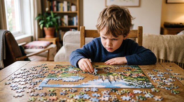 Child Solving Puzzle: A young boy focused intently on assembling a jigsaw puzzle at a wooden table, surrounded by scattered pieces.
