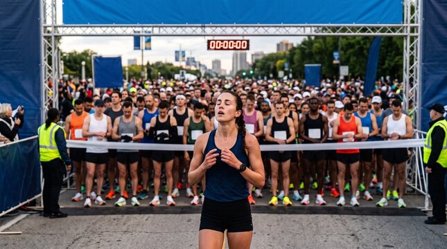 Marathon Start Line Jubilation: A focused female runner is at the front of a massive crowd of athletes at a marathon start line, all poised for the race ahead. The digital timer shows 00:00:00.