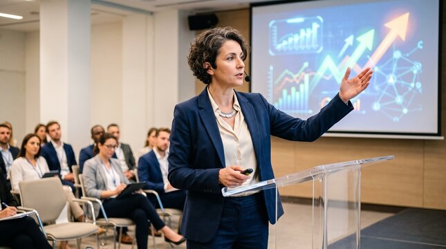 Presentation of Growth Strategy: A confident businesswoman delivers a compelling presentation on financial growth to an attentive audience.