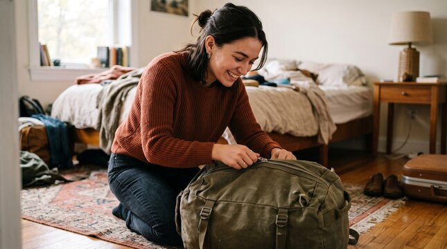 Packing for Adventure: A smiling woman kneels on the floor, busily packing a large duffel bag in a cozy, lived-in bedroom, ready for her next journey.