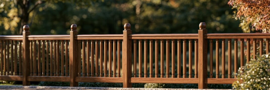 A fence in warm teak color runs across the lower part of the scene with a garden and trees visible in the background.