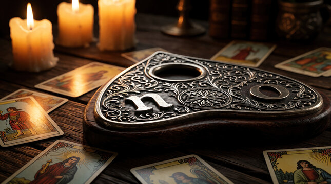 Ornate silver planchette rests on wooden spirit board with tarot cards. Glowing candles light mysterious occult ritual scene. Mystic tools for divination, fortune telling, psychic reading on dark