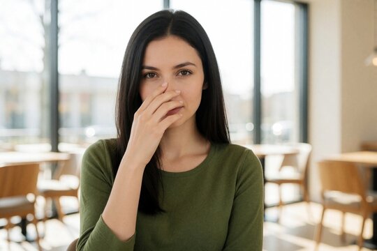 Young woman pinching nose with disgusted expression. Feels bad breath bad smell in modern cafe. Female customer complains about dirty air bad odor indoors. Girl holds nose due to unpleasant stench