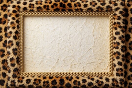 Luxury leopard print fur frame with golden braided border on textured beige paper. Wild animal skin pattern creates elegant background for fashion design. Exotic cheetah spots decorate chic border