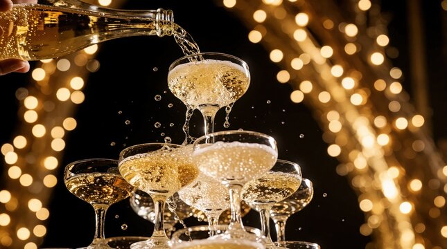 Champagne pours into glass tower at luxury wedding party. Sparkling bubbles overflow from crystal coupes during festive night celebration. Golden lights create bokeh background for elegant toast.