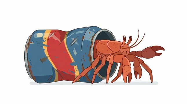Hermit crab living inside a discarded metal soda can.