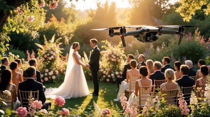Fototapeta premium Aerial drone view of outdoor wedding ceremony in sunny garden. Bride, groom hold hands during marriage ritual. Guests sit on chairs watching couple celebrate love. Modern tech captures romantic event