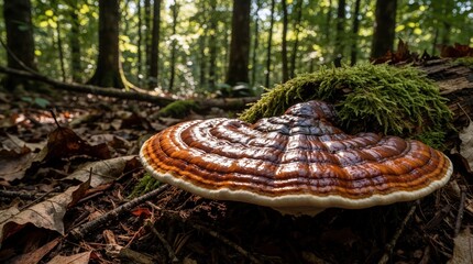 Fototapeta premium Red Reishi mushroom grows on old mossy tree trunk in green forest. Ganoderma lucidum fungus with shiny brown cap sits on woodland floor. Natural medicinal fungi grows near fallen wood, dry leaves in