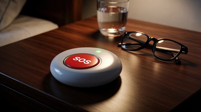 Nightstand setup shows an SOS alert button near reading glasses and water glass. This arrangement suggests care for senior living or medical monitoring.