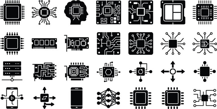 Microchip and computer processor solid silhouette icon set featuring cpu hardware circuitry server ram and artificial intelligence technology icons for web design