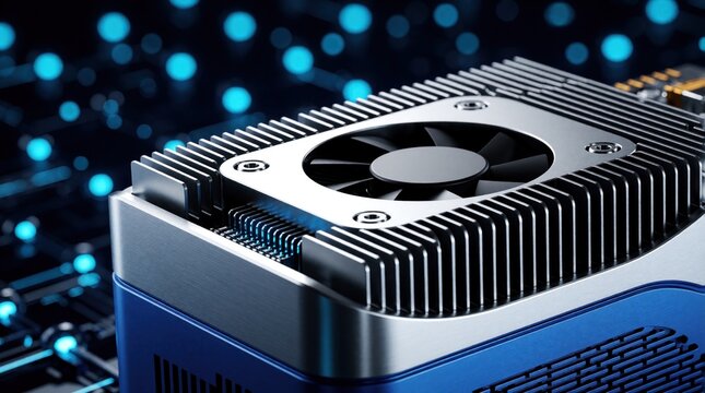 Close up of modern electronic device with cooling fan, metal heat sink. Advanced hardware component features aluminum fins for thermal management. High tech computer part works in data center gaming