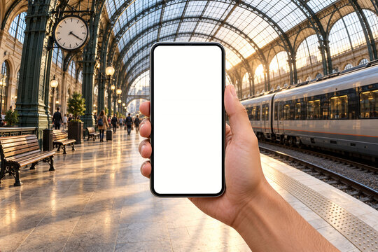 Blank White Smartphone Screen at a European Train Station with Fisheye Background