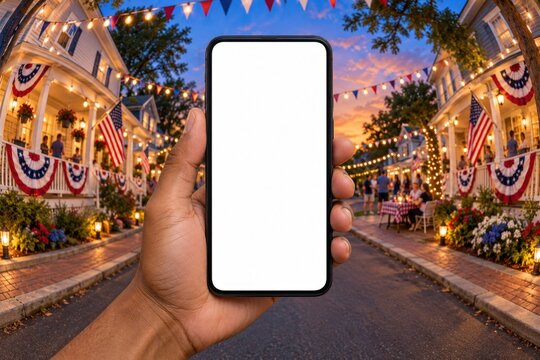 Blank White Smartphone Screen in a Patriotic American Neighborhood with Fisheye Background