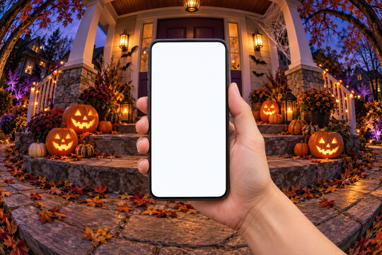 Blank White Smartphone Screen at a Halloween Decorated House with Fisheye Background