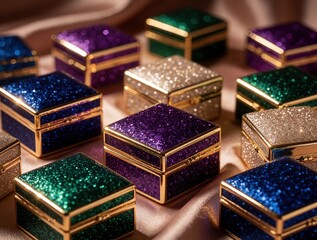Obraz premium Collection of small glittery decorative boxes on silk fabric. Colorful sparkling jewelry containers with gold edges sit on satin cloth. Luxury gift boxes in purple, blue, green, silver, gold colors