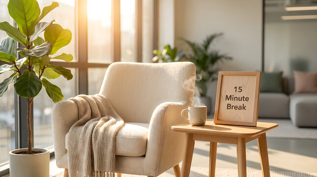 A comfortable chair by a window with a warm mug and a sign stating 15 minute break for a cozy office rest time scene