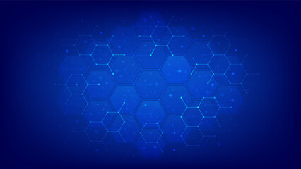 Naklejka na ściany i meble Medical technology background with molecular network and medical cross symbols. Abstract hexagonal pattern for medicine, healthcare, biotechnology, chemistry and science. Vector illustration.