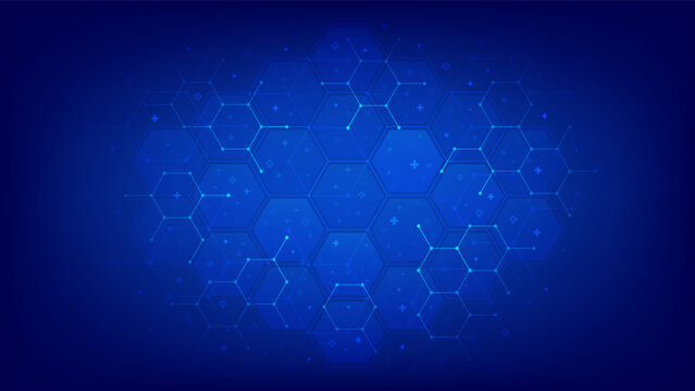 Medical technology background with molecular network and medical cross symbols. Abstract hexagonal pattern for medicine, healthcare, biotechnology, chemistry and science. Vector illustration.