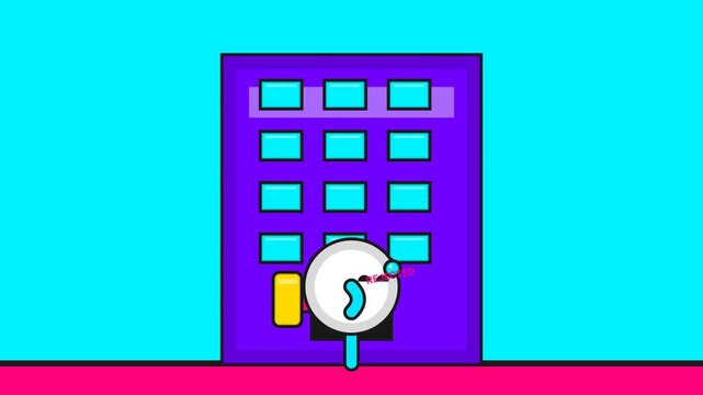 2D animation of a sad graduate character getting rejected from a job at an office building and returning to school