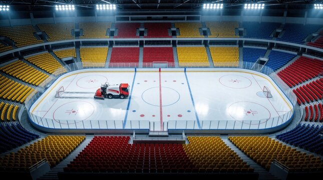 Aerial view of ice resurfacer machine working on hockey rink. Red Zamboni cleans smooth white ice surface in large sports arena. Colorful empty stadium seats surround frozen playing field for pro