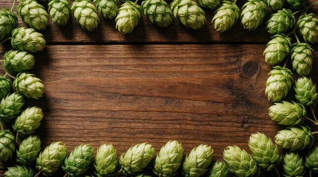 Top view of green hops cones forming rectangular frame on dark wooden table. Fresh herbal ingredient for brewing beer, ale. Rustic brown background with empty copy space in center. Natural plant