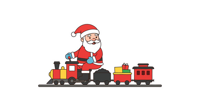 Santa claus riding a toy train with gifts