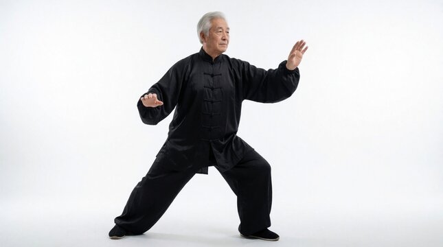 Elderly asian man performs tai chi movement in black traditional robe against white backdrop. Senior practices slow exercise for body balance and good health.