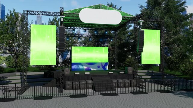 Orbiting camera view around an empty outdoor concert stage with blank LED screens, lighting truss, speaker arrays and barriers in a city park. 3D animation.