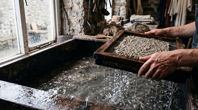 Artisan making paper by hand in a rustic workshop