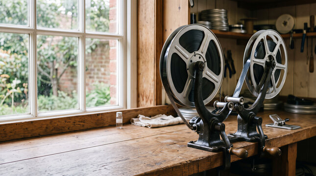 Vintage film reels on a wooden workbench near a window
