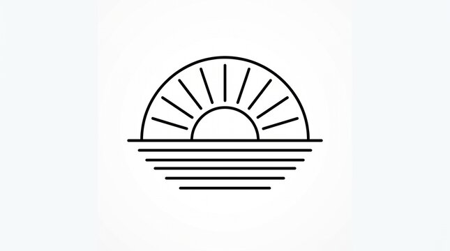Minimalist black line art icon of a sun rising over the ocean horizon with horizontal lines
