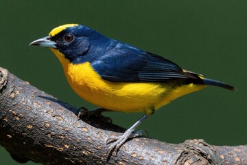 Fototapeta premium Spot-crowned euphonia bird sits on tree branch in tropical rainforest. Small colorful avian with blue, yellow plumage rests in wild habitat. Close up shot of exotic species showing bright feathers,