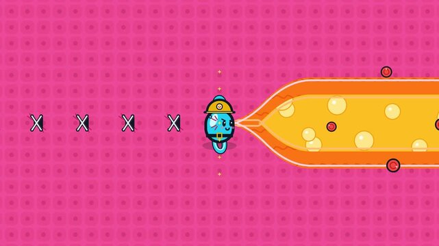 Cute cartoon animation of a tiny character zipping up a wound with flowing blood cells in a seamless healing loop