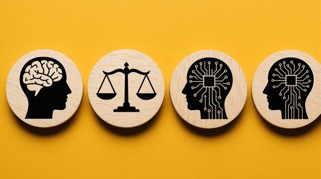 Four wooden discs with black icons on yellow background. Icons show human brain, scales of justice, artificial intelligence heads. Concept of mental health, legal ethics, law, digital mind, machine