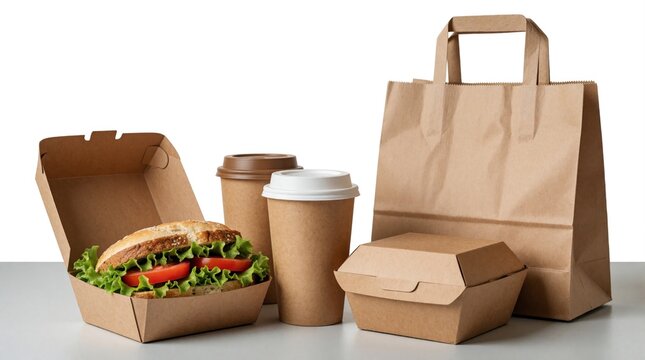Minimalist eco friendly takeout packaging set on white background. Brown cardboard coffee cups, sandwich box with fresh tasty burger, paper shopping bag. Sustainable food delivery kit for breakfast
