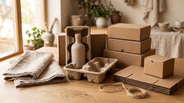 Cardboard packaging boxes and bottle with linen cloth on wooden table